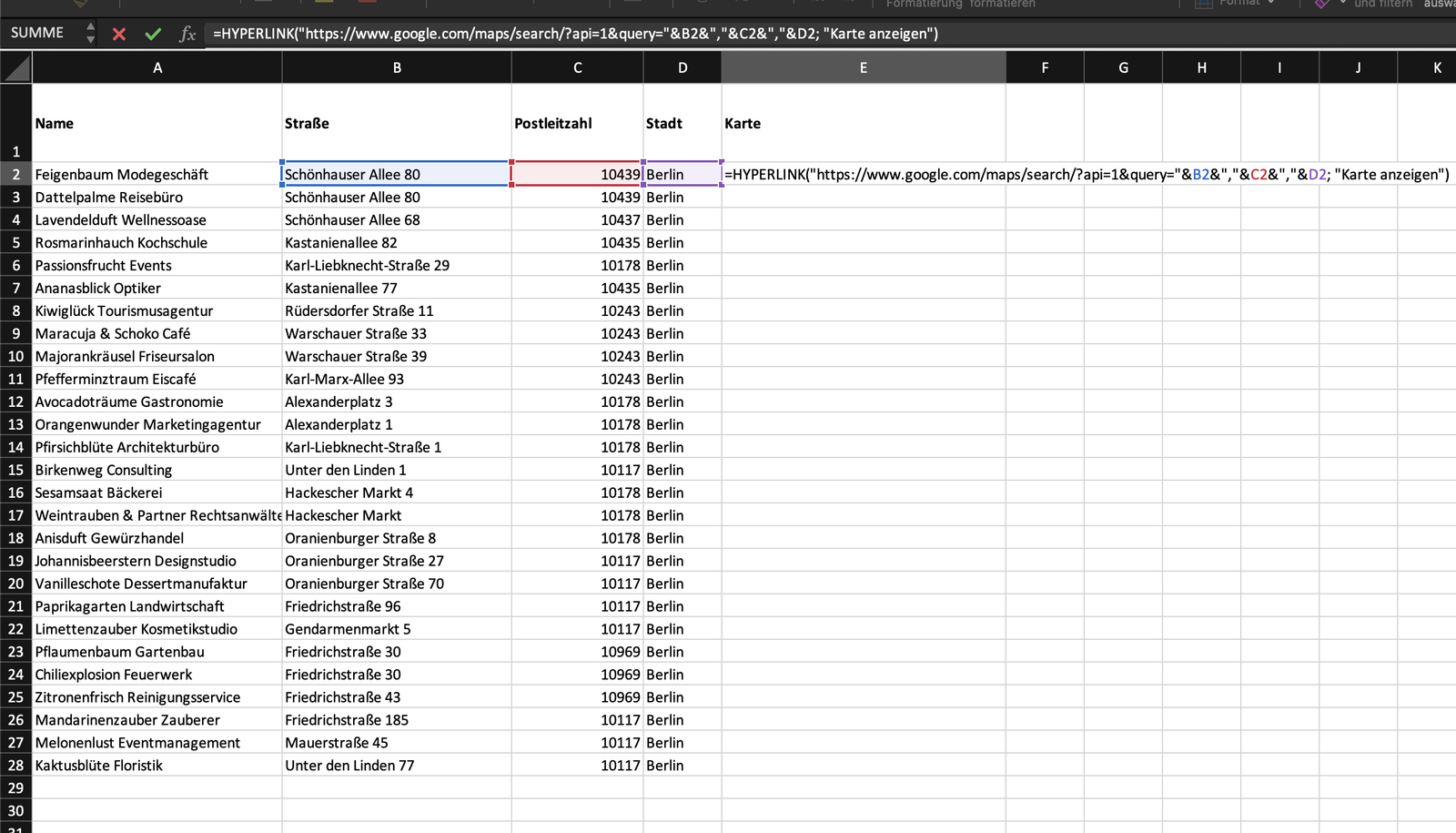 A spreadsheet column of Google Maps hyperlinks