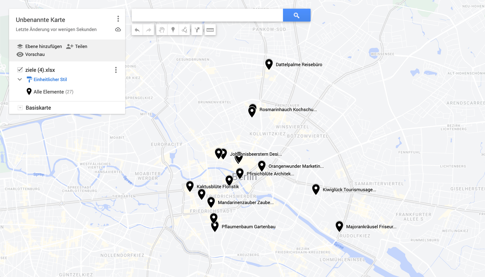 Addresses from a spreadsheet displayed in Google My Maps