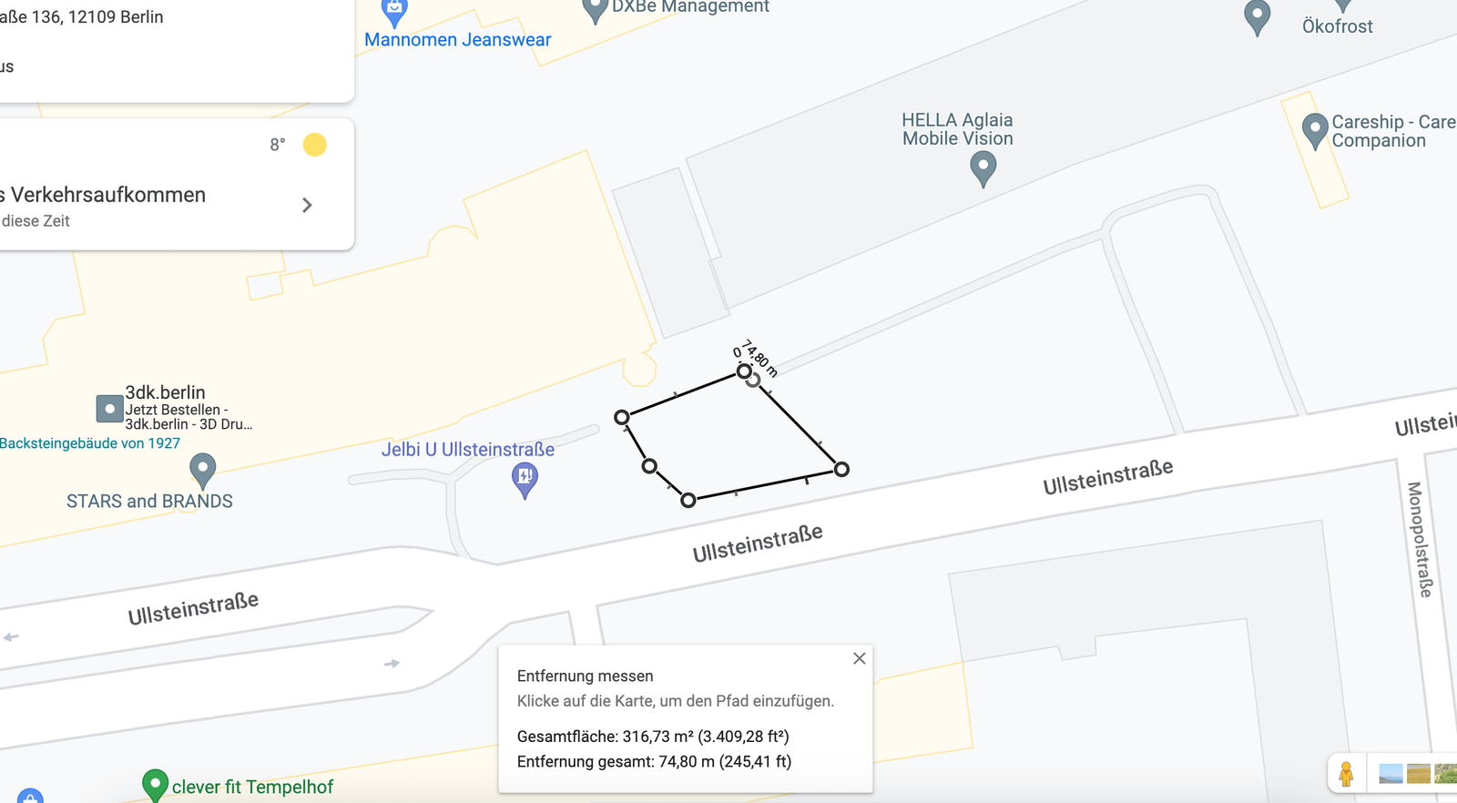 Une surface mesurée sur Google Maps