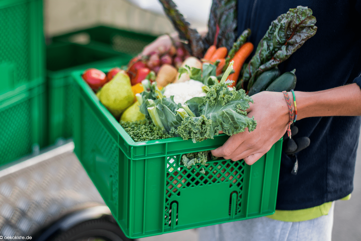 Crates of fresh organic produce ready for delivery