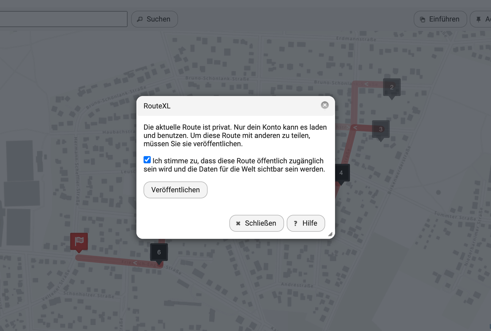 Godkännandeskärm innan en RouteXL-rutt delas