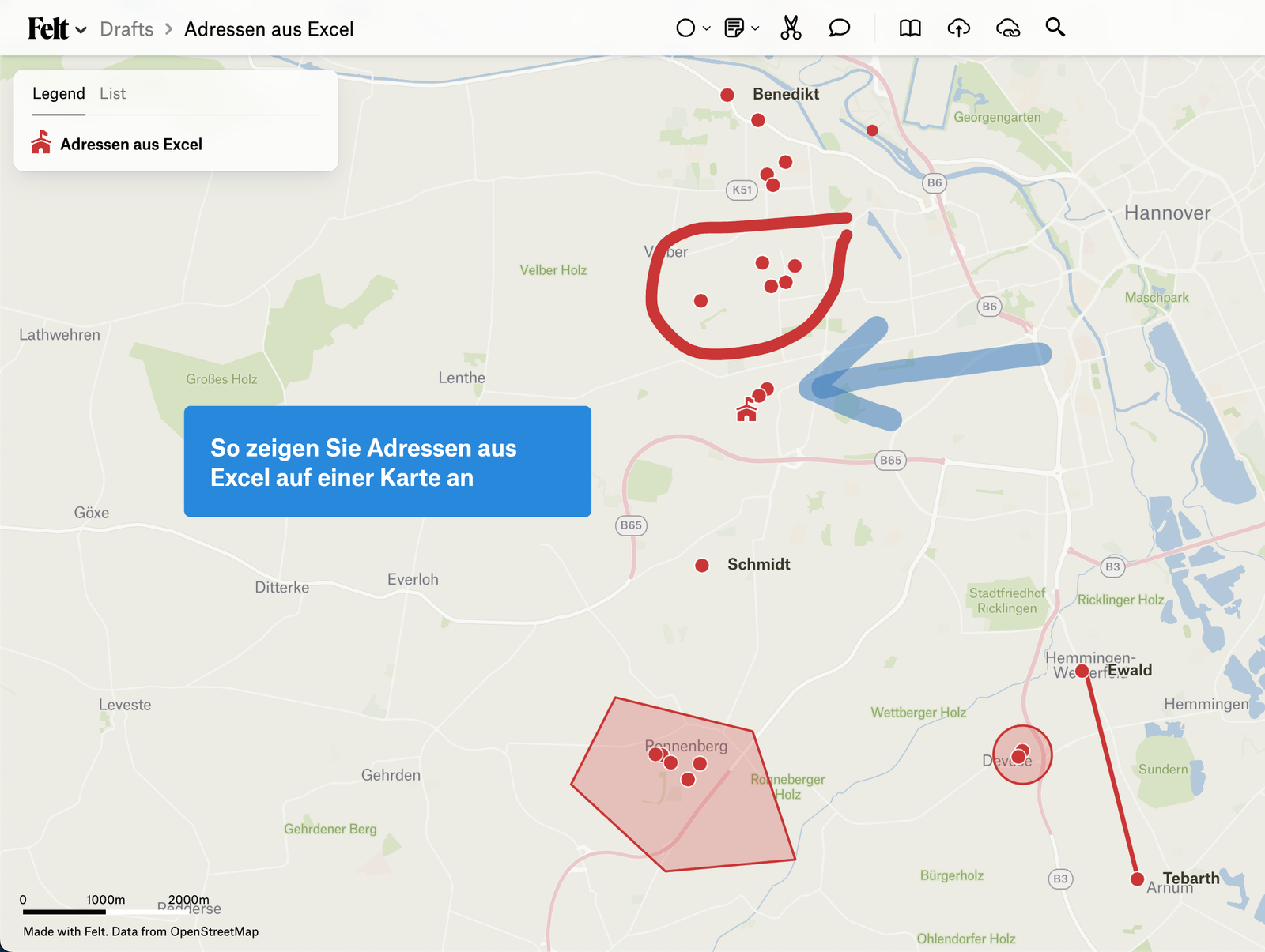 A map of addresses built in Felt