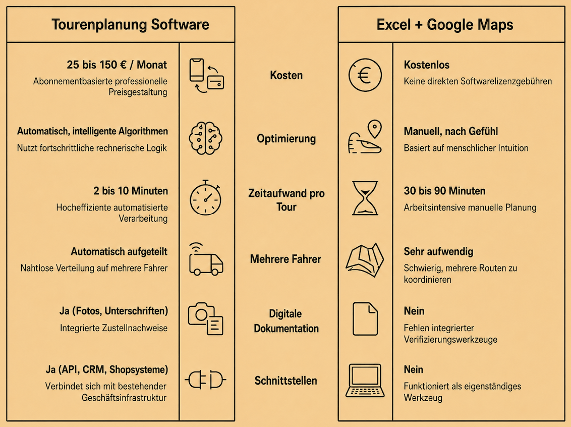 Routeplanningsoftware vergeleken met Excel en Google Maps